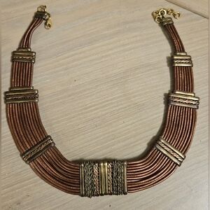 Vintage Alexis Kirk Necklace Leather Brass Boho Egyptian Revival Choker Modern